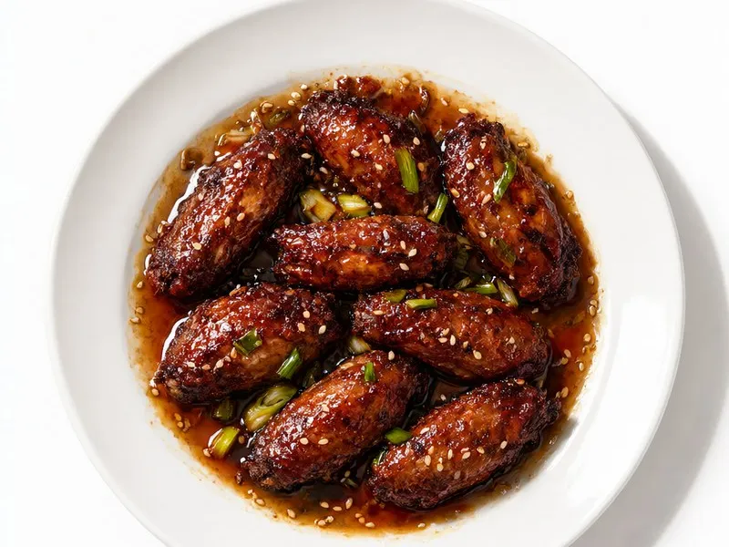 Glossy cola-braised chicken wings with sesame seeds and sliced scallions on a white plate.
