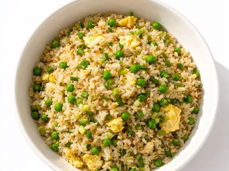 Bowl of egg fried rice with peas, egg pieces and sliced scallions.