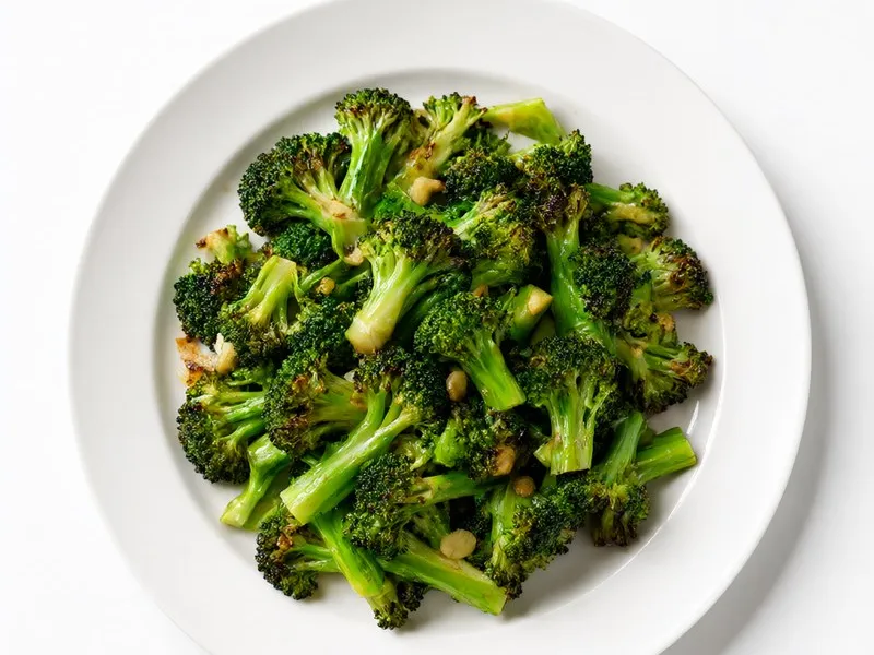 Plate of bright green broccoli florets with sliced garlic.