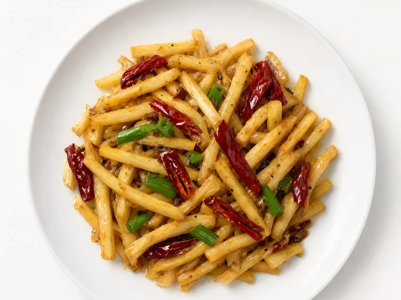 Plate of crisp julienned potato shreds with dried red chillies and scallions.