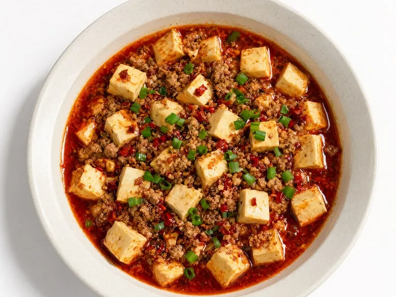 Bowl of mapo tofu with tofu cubes, minced pork and red chilli oil.