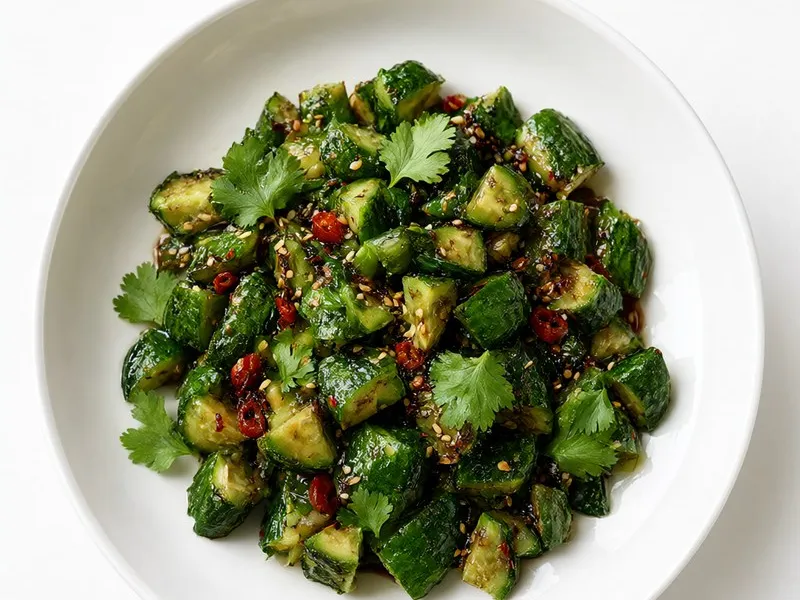 Bowl of smashed cucumber pieces in chilli oil with sesame seeds and coriander.