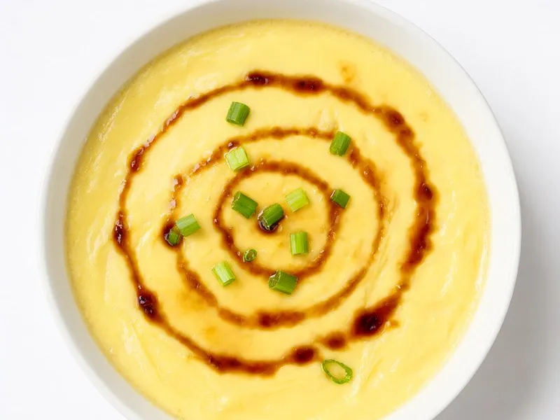 Bowl of silky steamed egg custard with soy sauce swirls and chopped scallion.