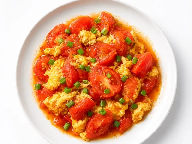 Tomato wedges and soft egg curds in a glossy red sauce, scattered with sliced scallions.